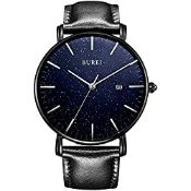 RRP £26.22 BUREI Men's Minimalist Quartz Watch Fashion Black Case