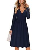 RRP £25.99 OUGES Women's Casual Long Sleeve Midi V-Neck Wrap Waist Dress with Pockets(Navy