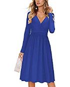 RRP £24.98 OUGES Women's Casual Long Sleeve Midi V-Neck Wrap Waist Dress with Pockets(Blue