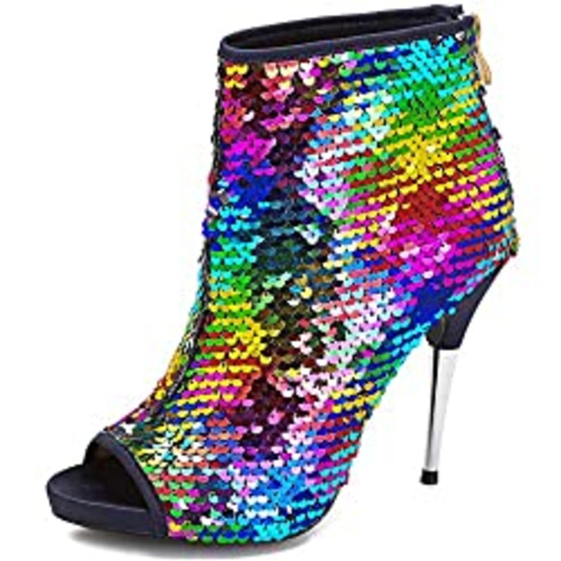 RRP £59.99 Women's Sequin Glitter Boots Peep Toe Heeled Rear Zippers Brand New