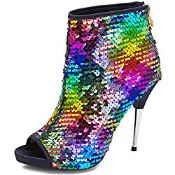 RRP £59.99 Women's Sequin Glitter Boots Peep Toe Heeled Rear Zippers UK Size 8.5 Brand New