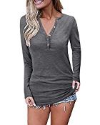 RRP £18.98 OUGES Womens Long Sleeve Tops V-Neck Button Causal