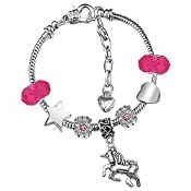RRP £13.99 Girls Magical Unicorn Sparkly Fuchsia Crystal Charm Bracelet with Gift Box Set