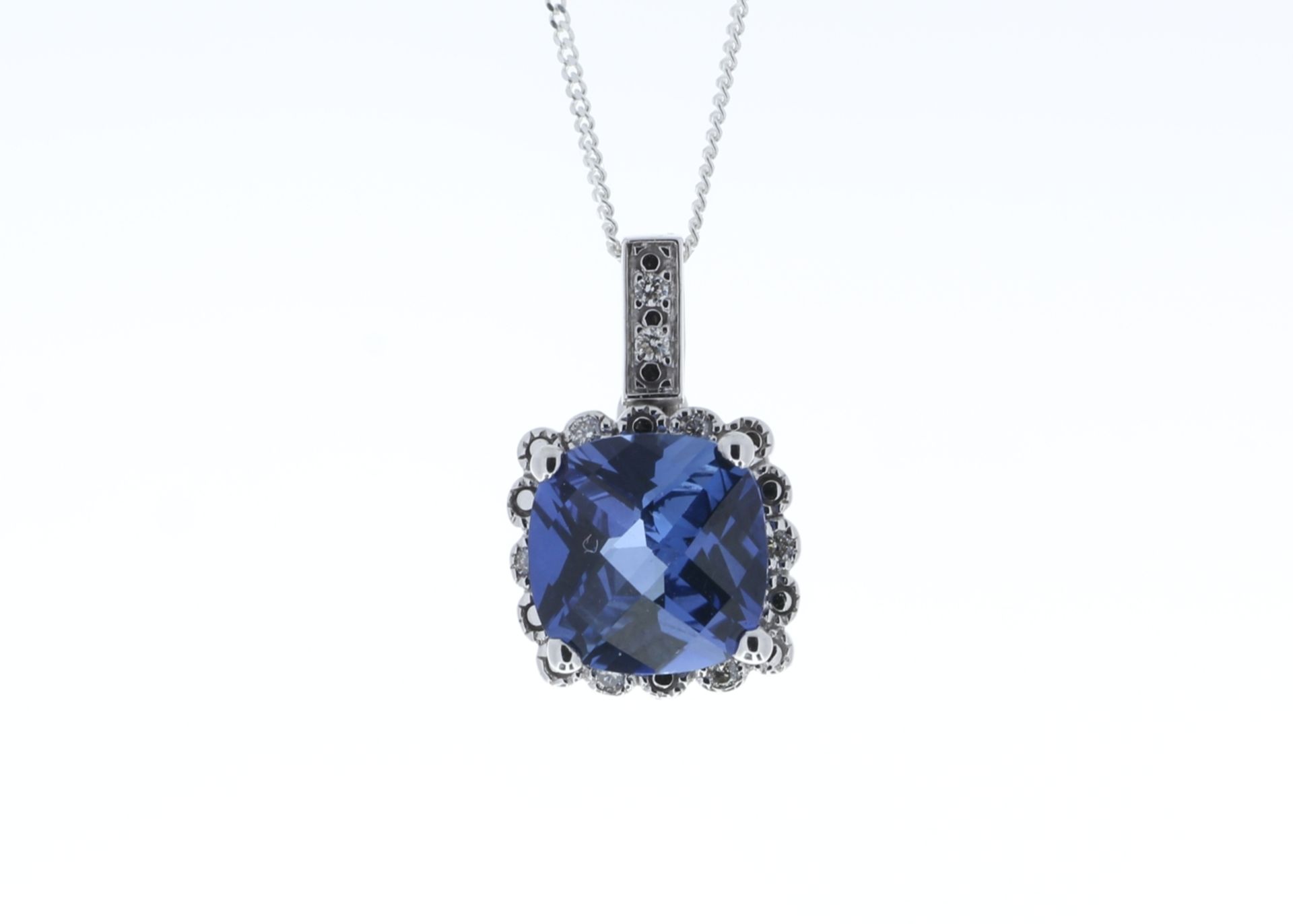 9ct White Gold Created Ceylon Sapphire Diamond Pendant 0.05 Carats - Valued by GIE £1,595.00 - A