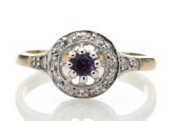 9ct Yellow Gold Round Cluster Claw Set Diamond Amethyst Ring 0.21 Carats - Valued by AGI £1,053.00 -