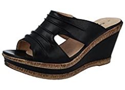 RRP £27.98 Ladies Leather Lined Peep Toe Mid Wedge Mule Sandals (Black, Numeric_5)