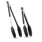 RRP £8.99 HOTEC Premium Stainless Steel Locking Kitchen Tongs with Silicon Tips