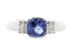 9ct White Gold Created Ceylon Sapphire Diamond Ring 0.08 Carats - Valued by GIE £1,710.00 - A square