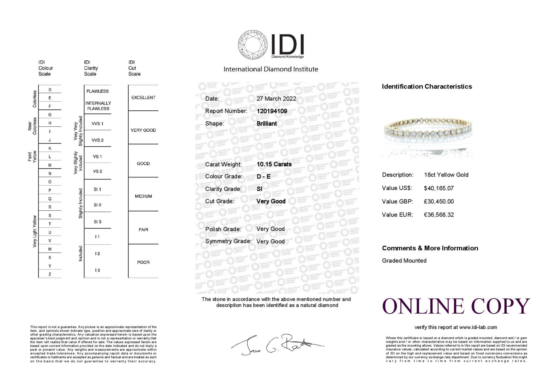 18ct Yellow Gold Tennis Diamond Bracelet 10.15 Carats - Valued by IDI £30,450.00 - 18ct Yellow - Image 5 of 5