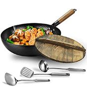 RRP £39.98 Carbon steel wok pan flat bottom pan with lid for electric