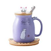 RRP £2.82 Cat Mug Cute Ceramic Coffee Cup with Lovely Kitty lid Spoon