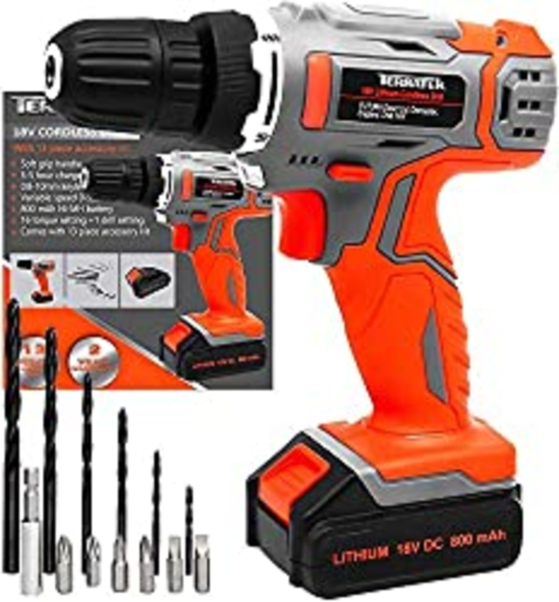 RRP £28.88 Terratek 13Pc Cordless Drill Driver 18V/20V-Max Lithium-Ion