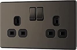 RRP £21.98 2 x Double Switched Screwless Flat Plate Power Socket, Black Nickel, 13 Amp