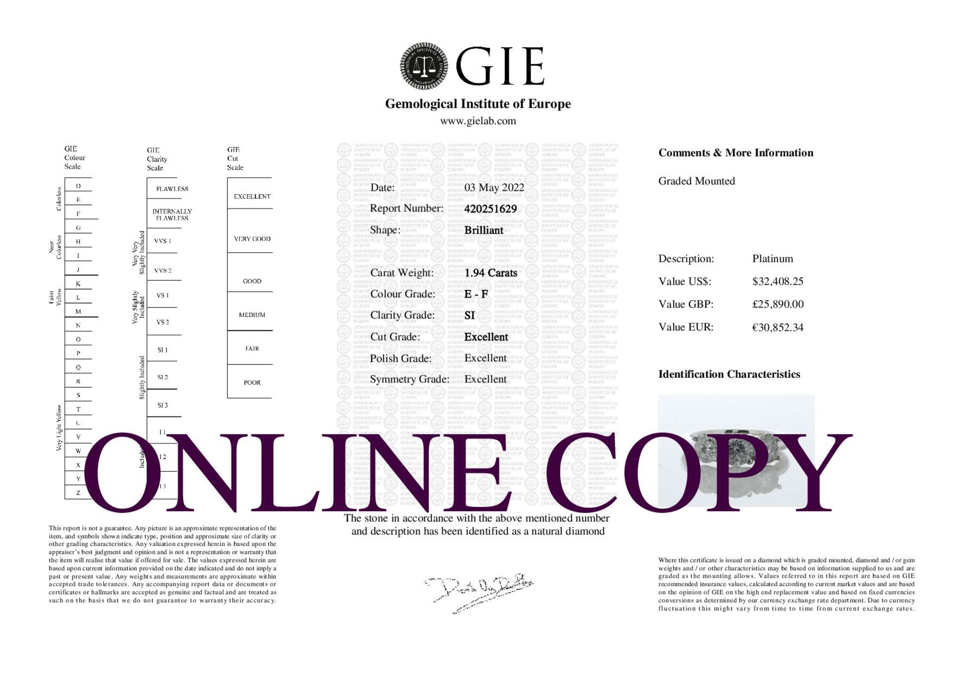 Platinum Three Stone Claw Set Diamond Ring 1.94 Carats - Valued by GIE £25,890.00 - Platinum Three - Image 4 of 4