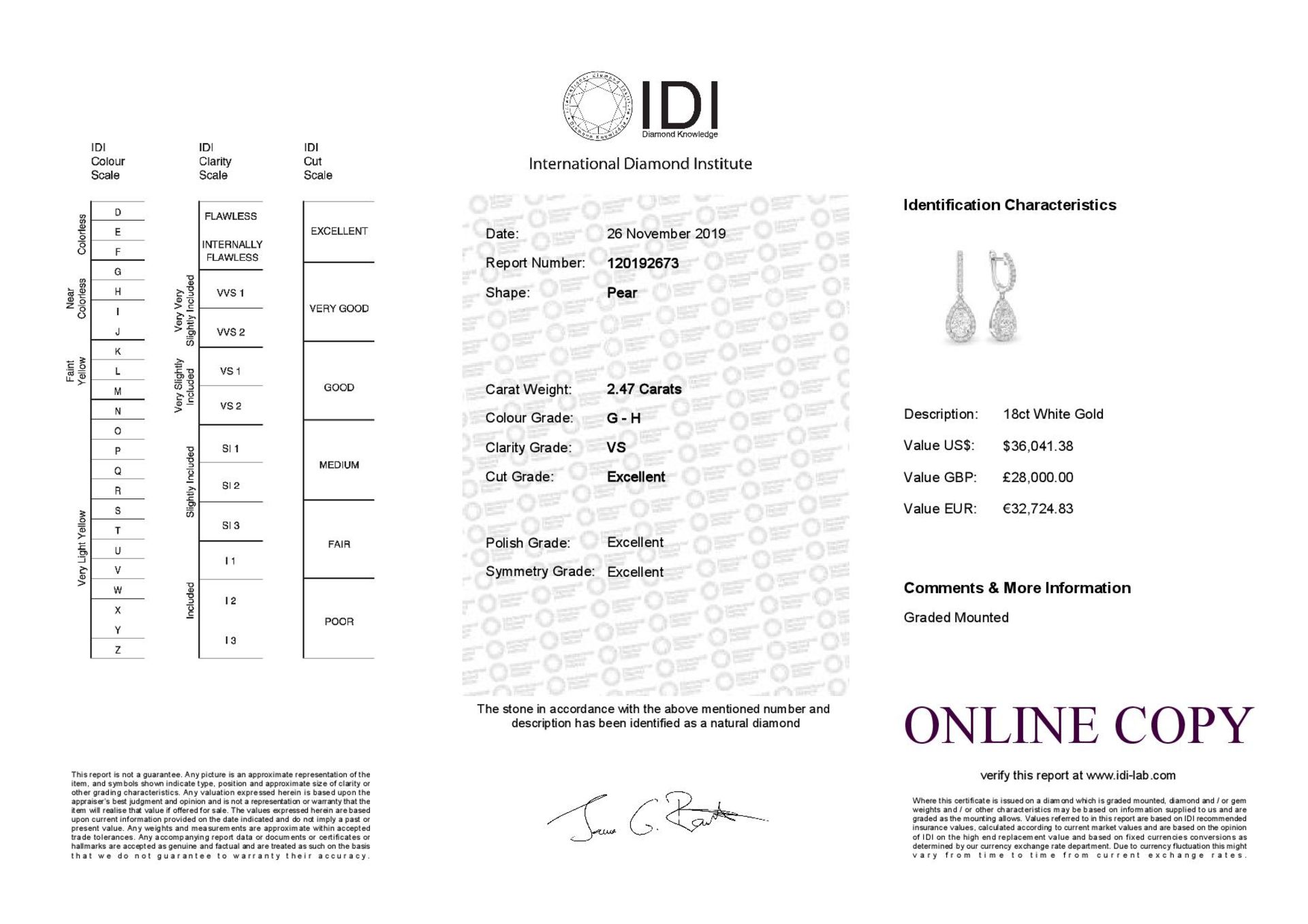 18ct White Gold Pear Shape Halo Drop Earring (2.05) 2.47 Carats - Valued by IDI £28,000.00 - Two - Image 3 of 3