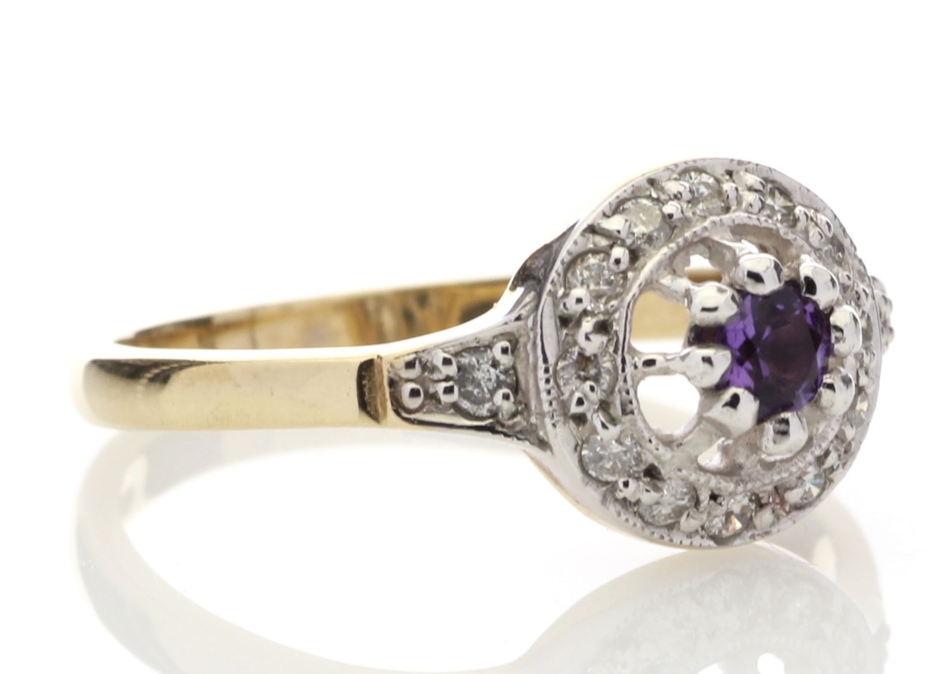9ct Yellow Gold Round Cluster Claw Set Diamond Amethyst Ring 0.21 Carats - Valued by AGI £1,053.00 - - Image 4 of 4