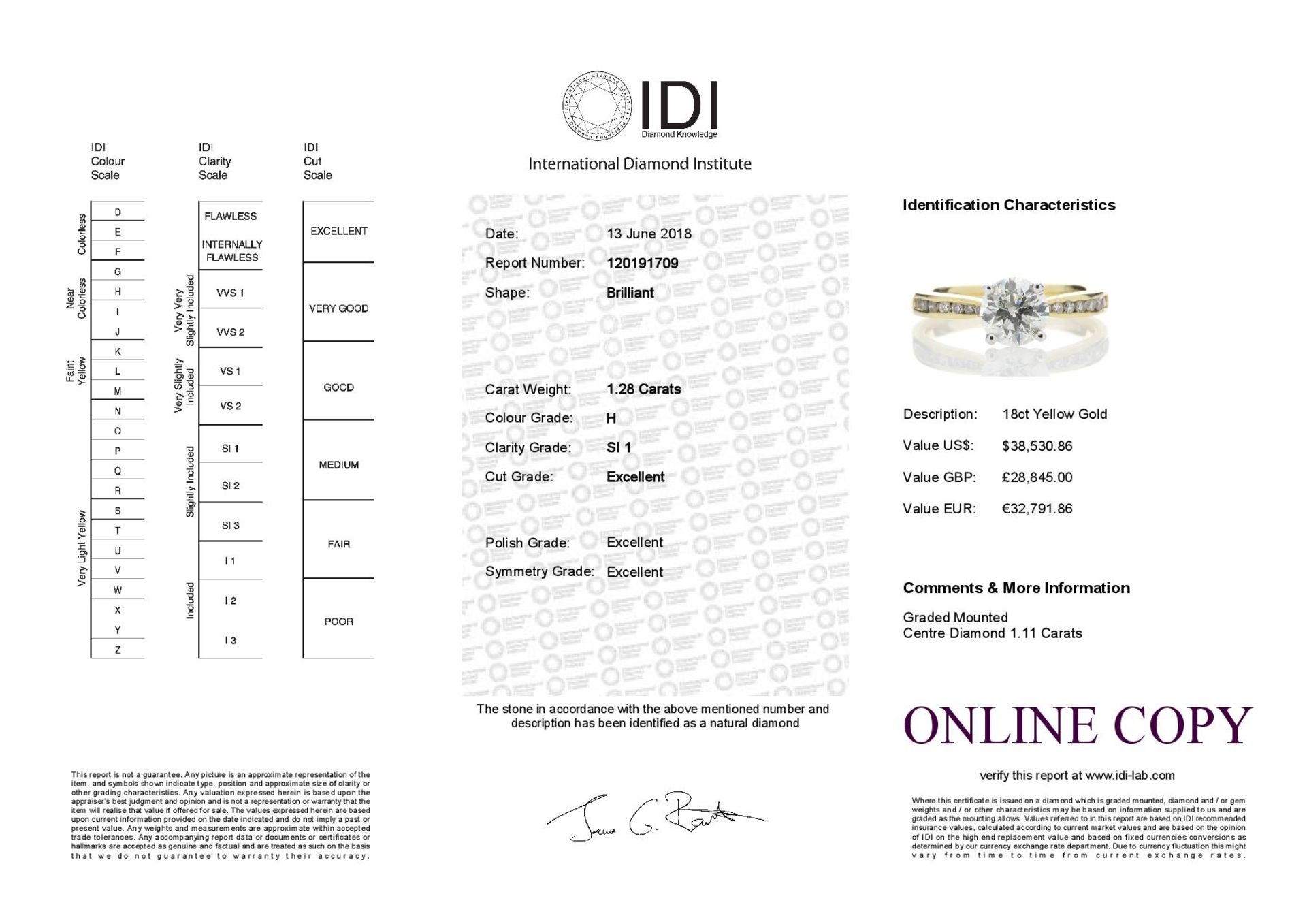 18ct Yellow Gold Single Stone Diamond Ring With Stone Set Shoulders (1.11) 1.28 Carats - Valued by - Image 5 of 5