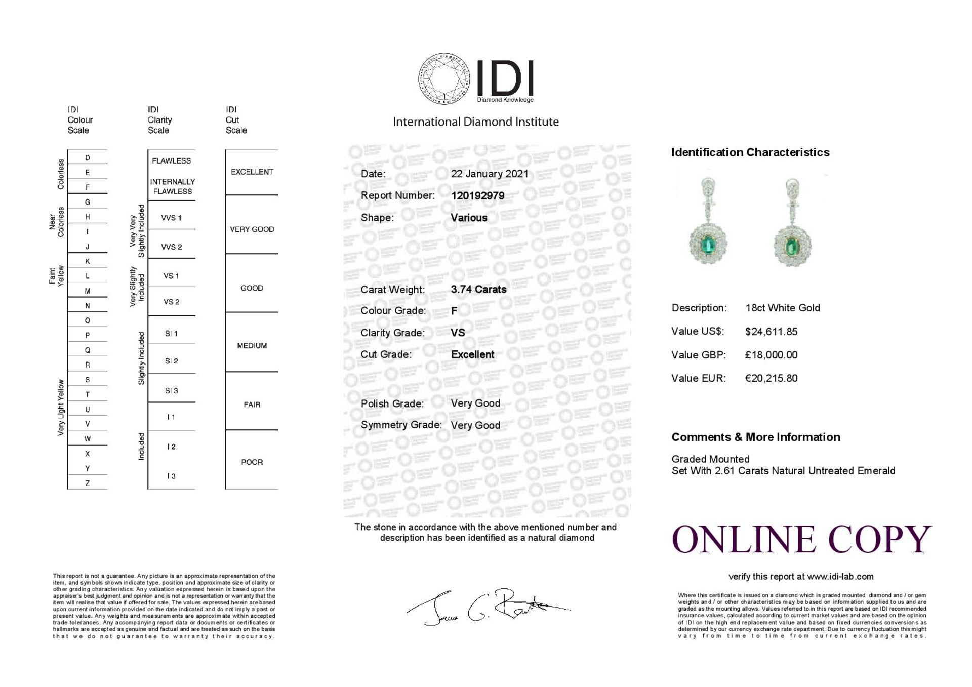 18ct White Gold Diamond And Emerald Drop Earrings (E2.61) 3.74 Carats - Valued by IDI £18,000.00 - - Image 5 of 5