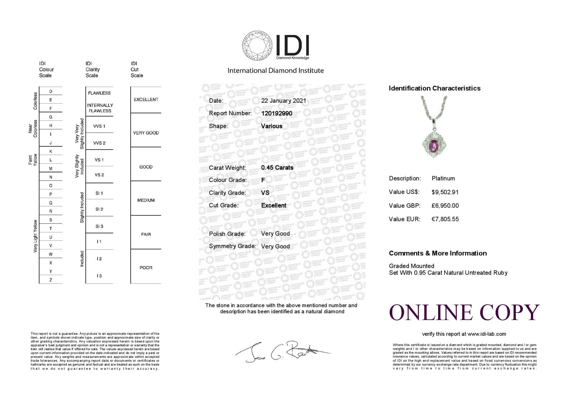 Platinum Cluster Diamond And Ruby Necklace (R0.95) 0.45 Carats - Valued by IDI £6,950.00 - - Image 3 of 3