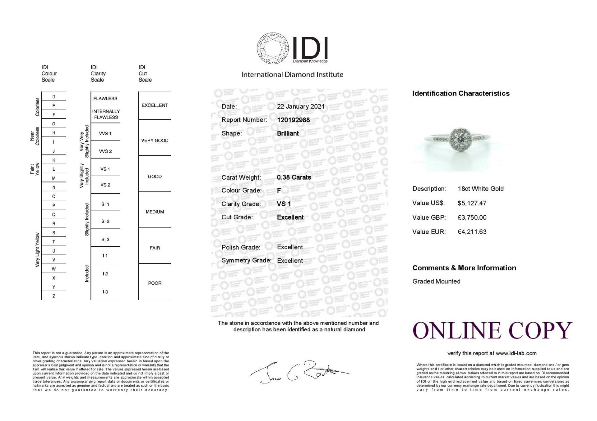 18ct White Gold Halo Set Diamond Ring 0.38 Carats - Valued by IDI £3,750.00 - A sparkling natural - Image 5 of 5