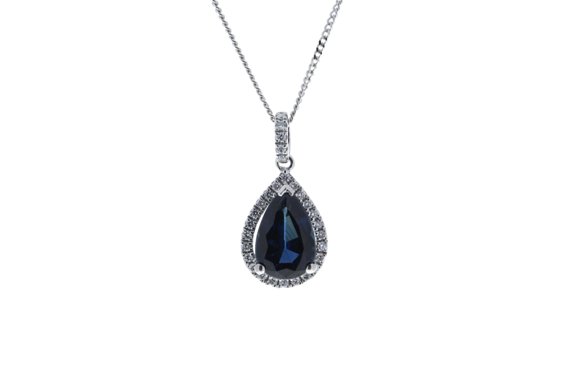 18ct White Gold Pear Shape Sapphire In Diamond Halo Setting Pendant (P 2.35) 0.18 Carats - Valued by