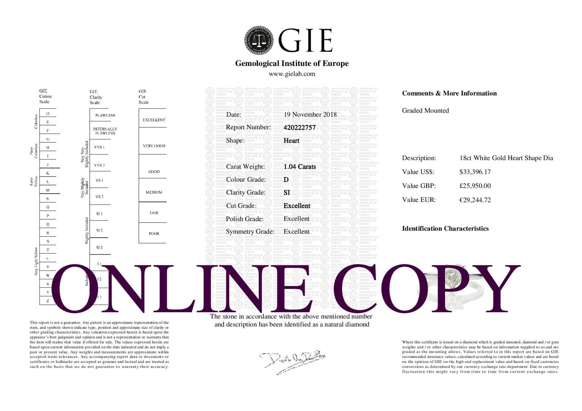 18ct White Gold Single Stone Heart Cut Diamond Ring 1.04 Carats - Valued by GIE £25,950.00 - A - Image 5 of 5