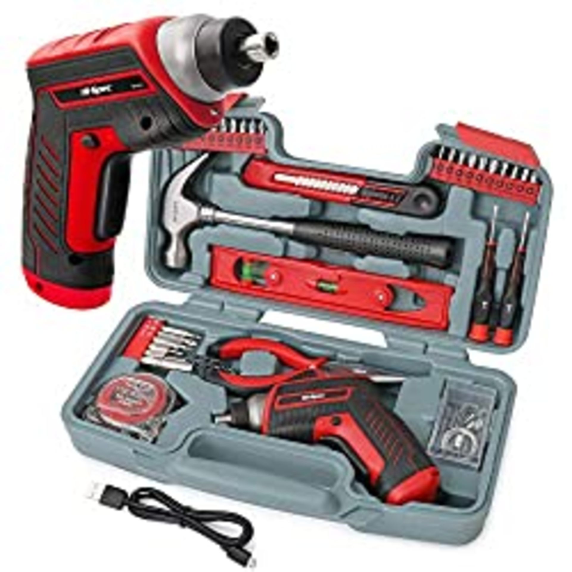 RRP £20.44 Hi-Spec 35 Piece Red Home DIY Tool Kit with USB Rechargeable