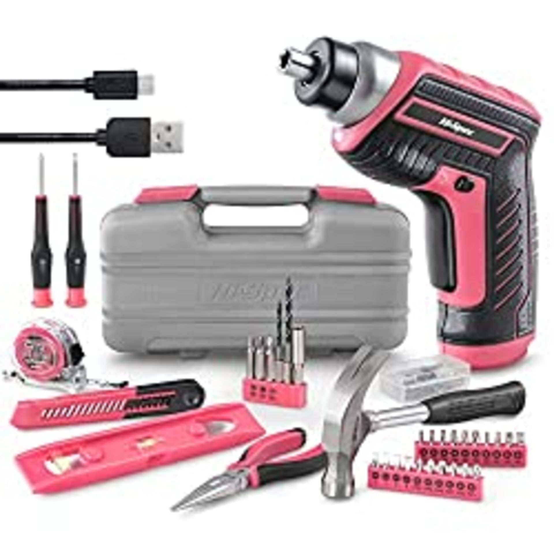 RRP £36.98 Hi-Spec 35 Piece Pink Home DIY Tool Kit with USB Rechargeable