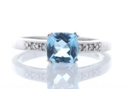 9ct White Gold Blue Topaz Diamond Ring 0.03 Carats - Valued by GIE £1,330.00 - A stunning cushion