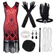 RRP £31.97 PLULON 1920s Sequin Beaded Fringed Flapper Dress with 20s Accessories Set(Red