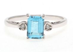 9ct White Gold Blue Topaz Diamond Ring 0.02 Carats - Valued by GIE £1,220.00 - An emerald cut Blue