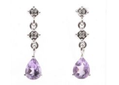 9ct White Gold Amethyst Diamond Earring 0.02 Carats - Valued by AGI £299.00 - 9ct White Gold