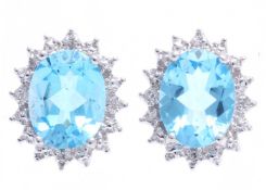 9ct White Gold Diamond And Blue Topaz Earring 0.03 Carats - Valued by GIE £2,145.00 - Two large oval