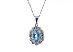 9ct White Gold Fancy Cluster Diamond Blue Topaz Pendant 0.02 Carats - Valued by AGI £259.00 - 9ct
