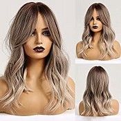 RRP £24.10 HAIRCUBE Long Curly Wigs for Women with Fringe Ombre Color Ash Brown to Gray
