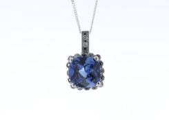9ct White Gold Created Ceylon Sapphire Diamond Pendant 0.05 Carats - Valued by GIE £1,595.00 - A