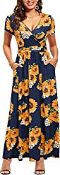 RRP £25.99 OUGES Women's V-Neck Pattern Pocket Maxi Long Dress, Floral-9, L