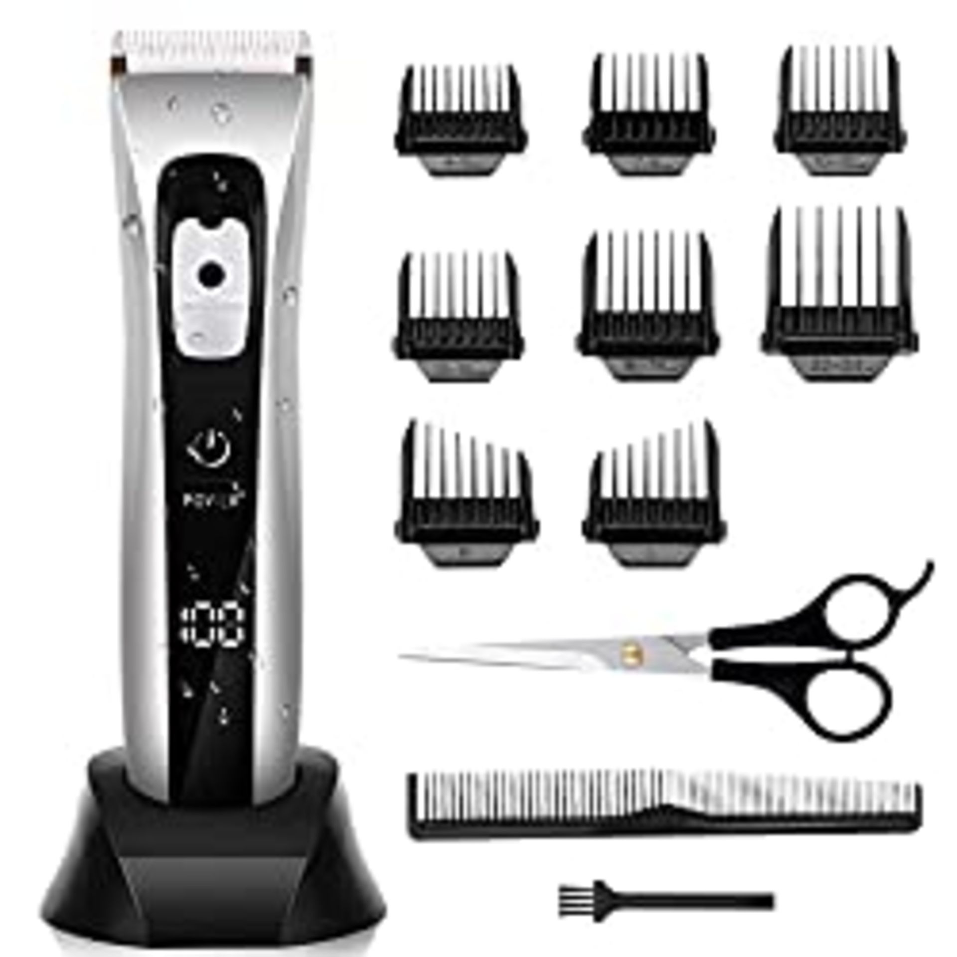 RRP £10.19 Hair Clippers Men Cordless 8 Limited Comb Charging Base Cape Scissors