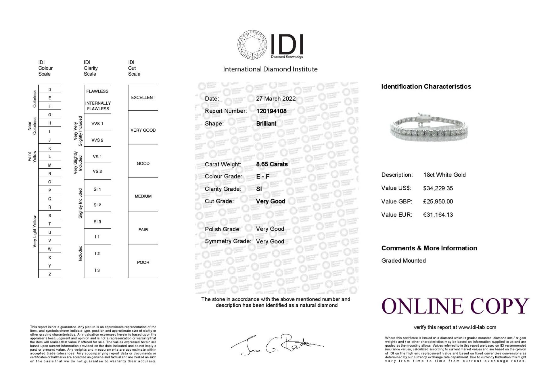 18ct White Gold Tennis Diamond Bracelet 8.65 Carats - Valued by IDI £25,950.00 - Forty six round - Image 4 of 4