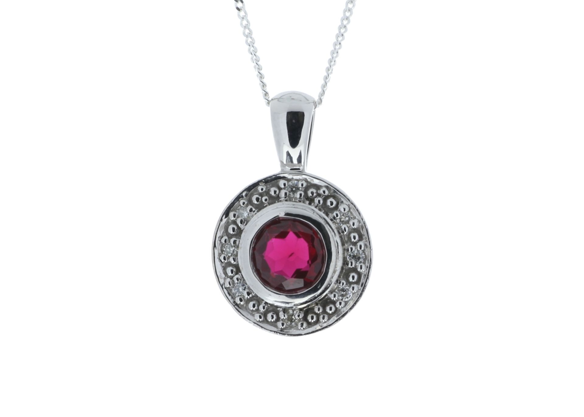 9ct White Gold Created Ruby Diamond Pendant 0.08 Carats - Valued by GIE £1,520.00 - With a deep