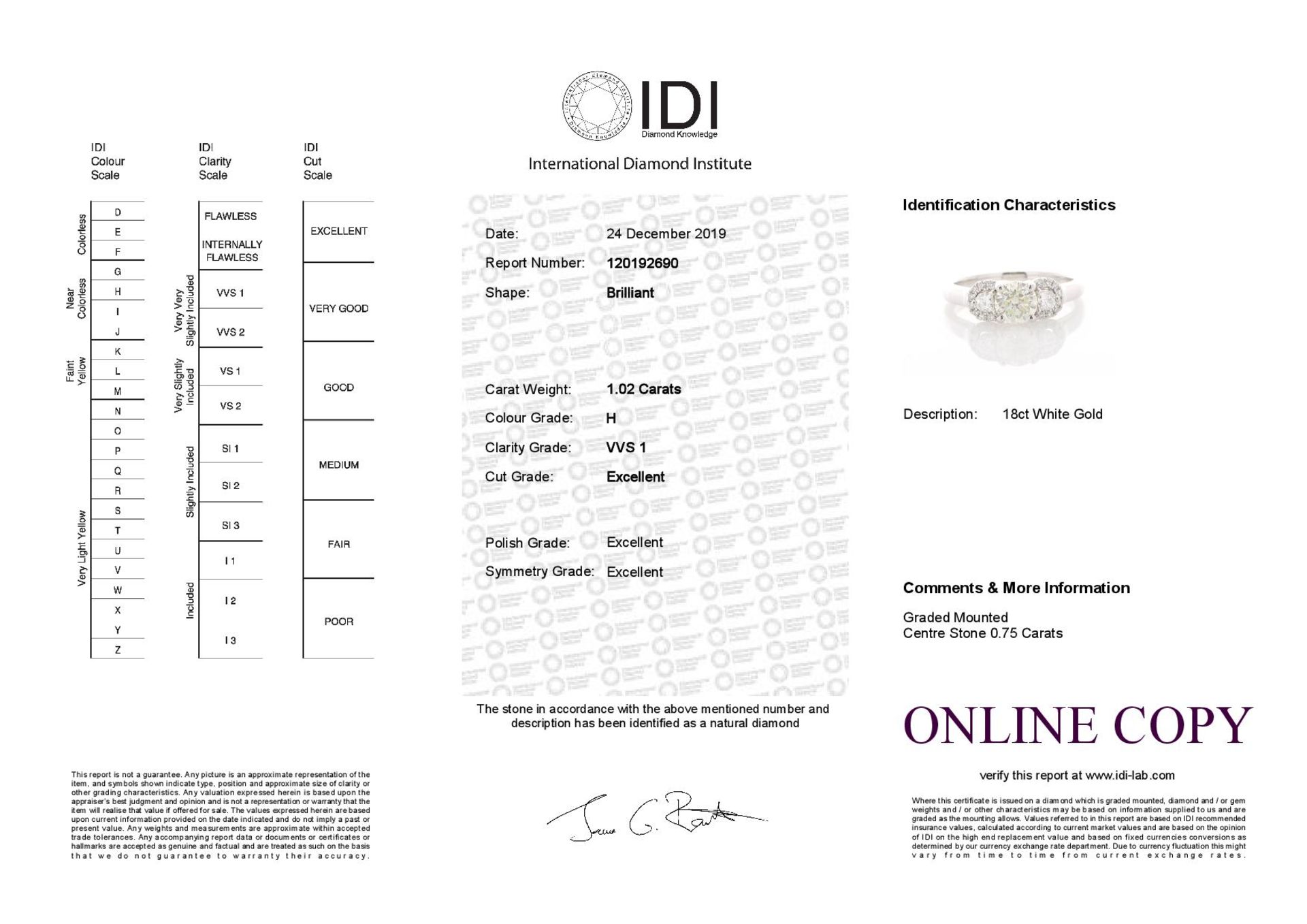 18ct White Gold Three Stone Claw Set Diamond Ring (0.75) 1.02 Carats - Valued by IDI £9,795.00 - One - Image 5 of 5