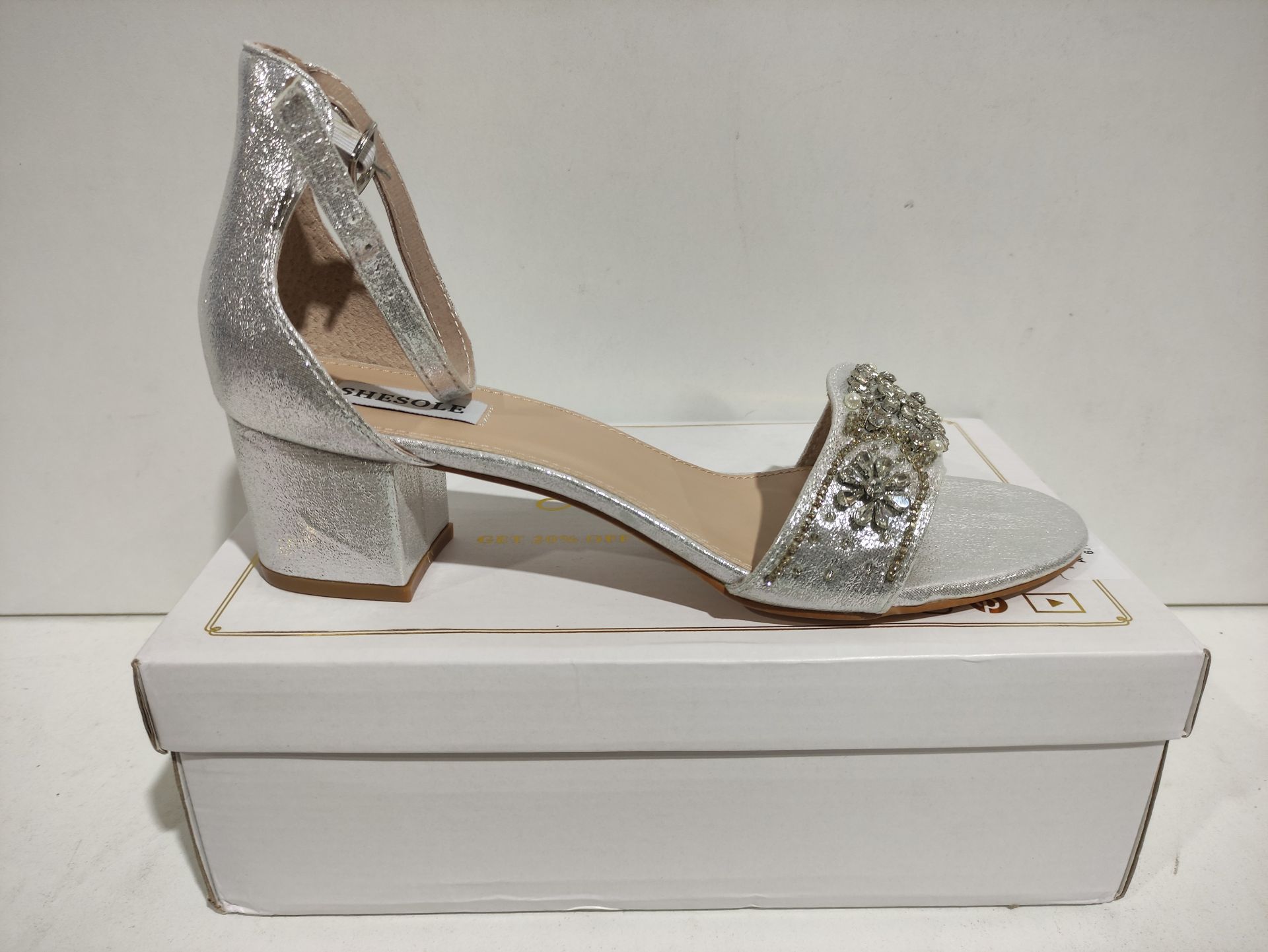 RRP £31.08 SheSole Womens Silver Sandals Block Heels Sparkly Rhinestone - Image 2 of 2