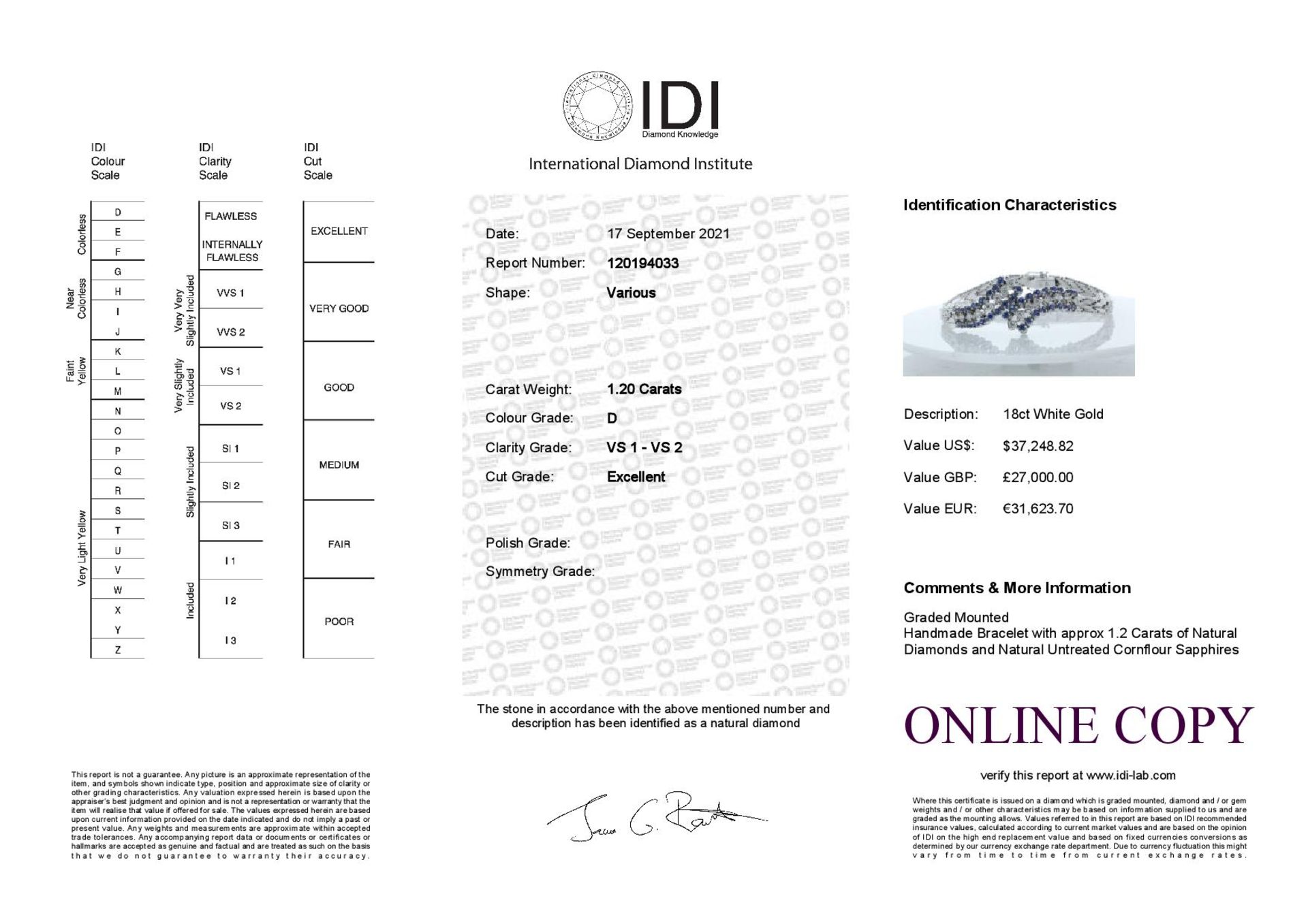 18ct White Gold Diamond And Cornflour Blue Sapphire Bracelet Carats - Valued by IDI £27,000.00 - - Image 5 of 5