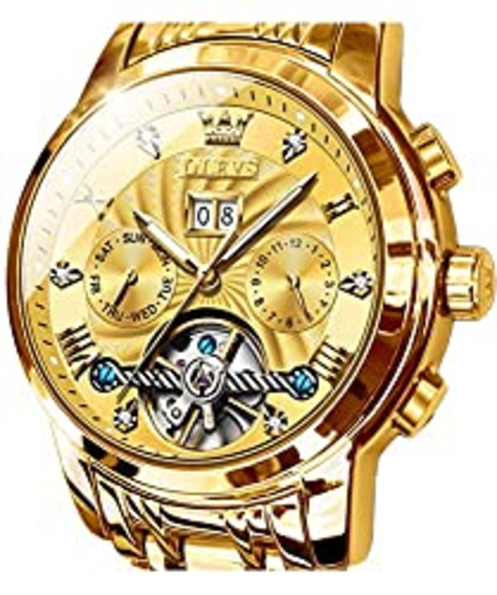 RRP £138.66 OLEVS Men Automatic Watch Gold Skeleton 5 Hands Mechanical