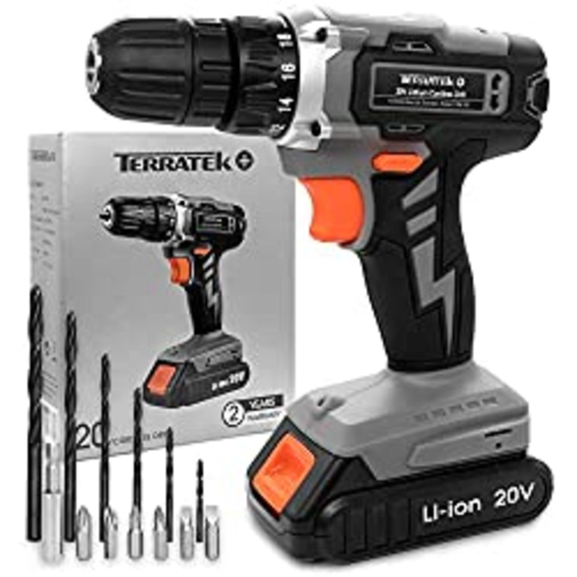 RRP £26.99 Terratek 13Pc Cordless Drill Driver 20V-Max Li-Ion Battery 1 Hour Fast charge