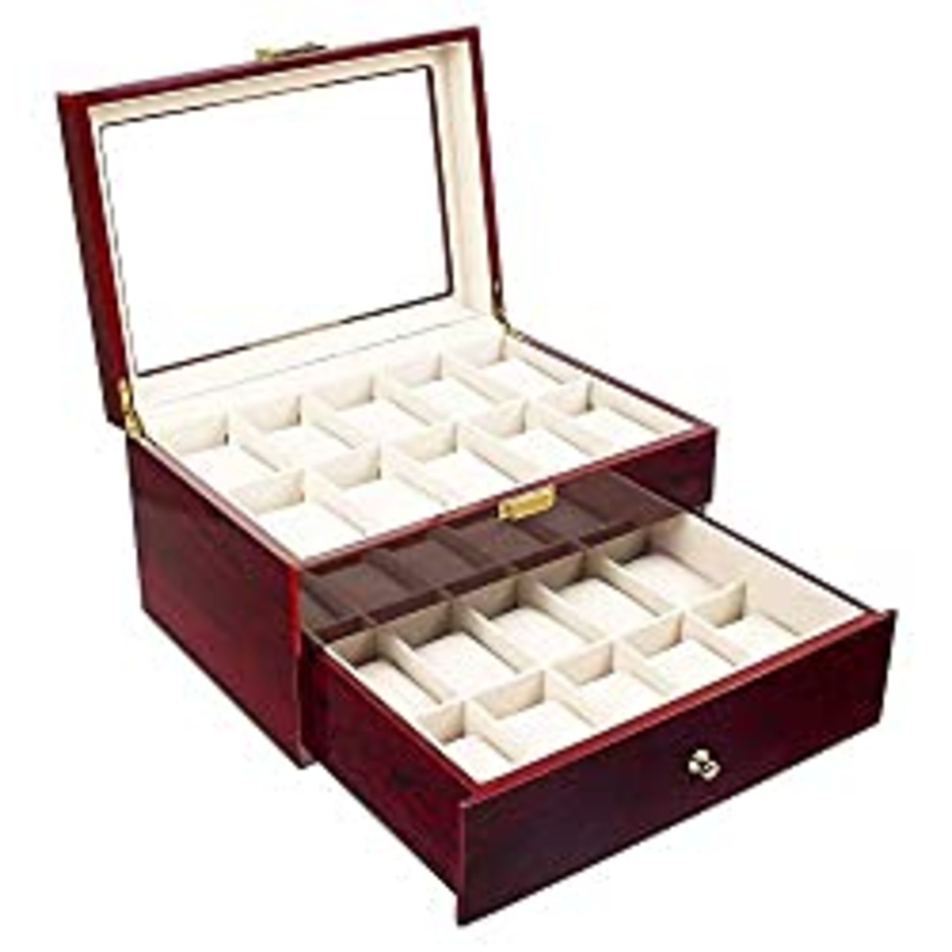 RRP £47.99 BRAND NEW STOCK Tcatec Wood Watch Box for Men 20 Slots Glass Top Wodden