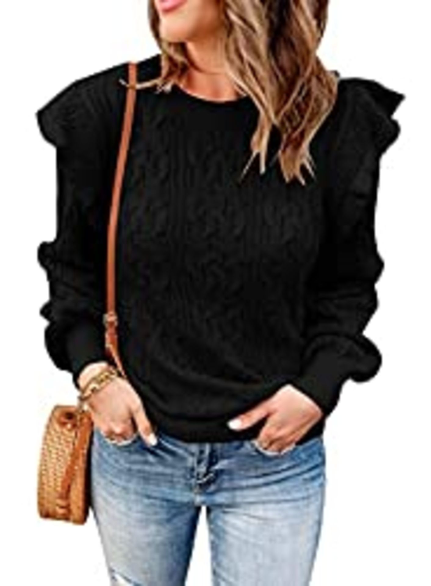 RRP £36.98 HOTAPEI Womens Crewneck Sweaters Textured Ruffled Pullover