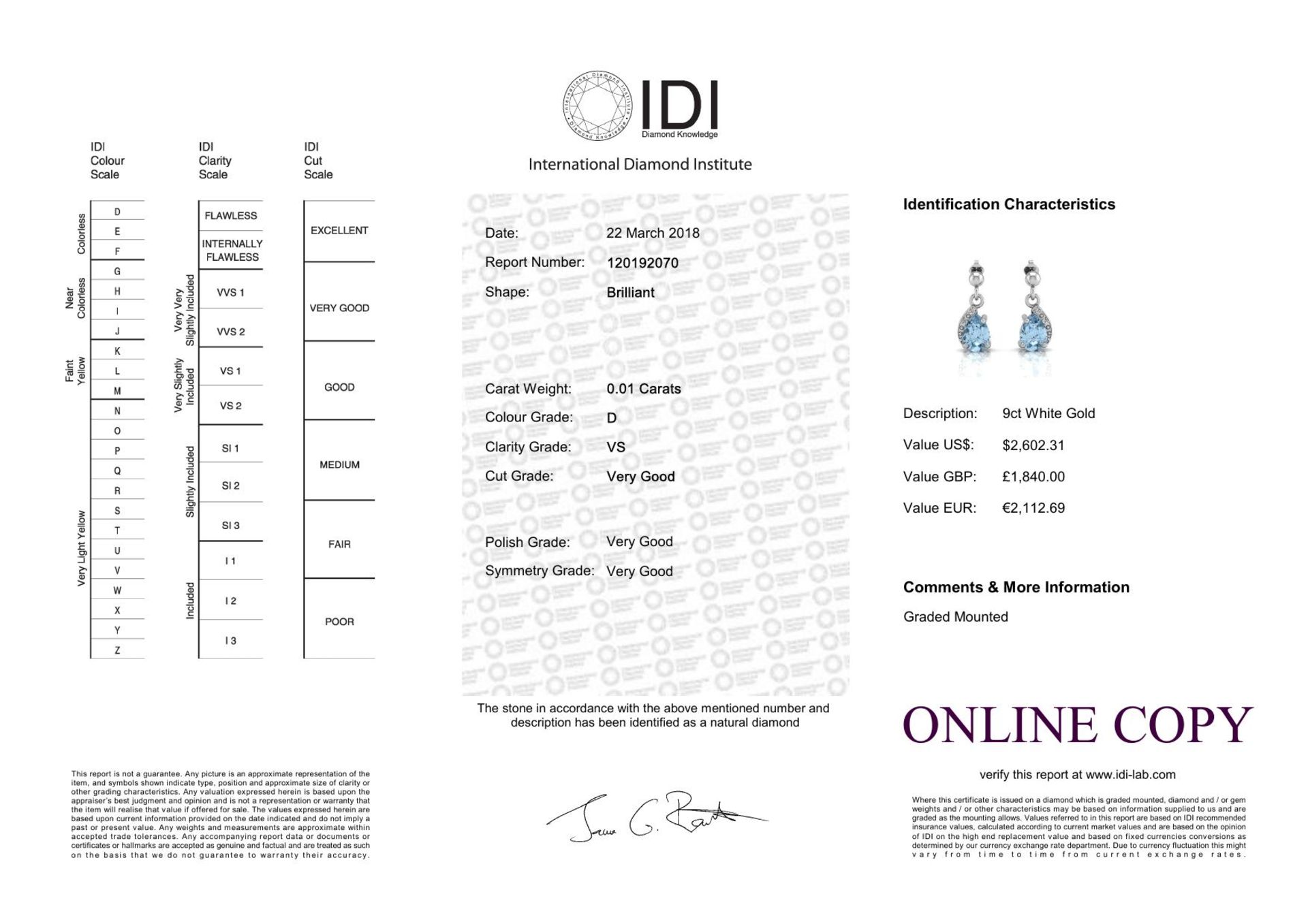 9ct White Gold Diamond And Blue Topaz Earring (BT 1.43) 0.01 Carats - Valued By IDI £1,840.00 - - Image 4 of 4