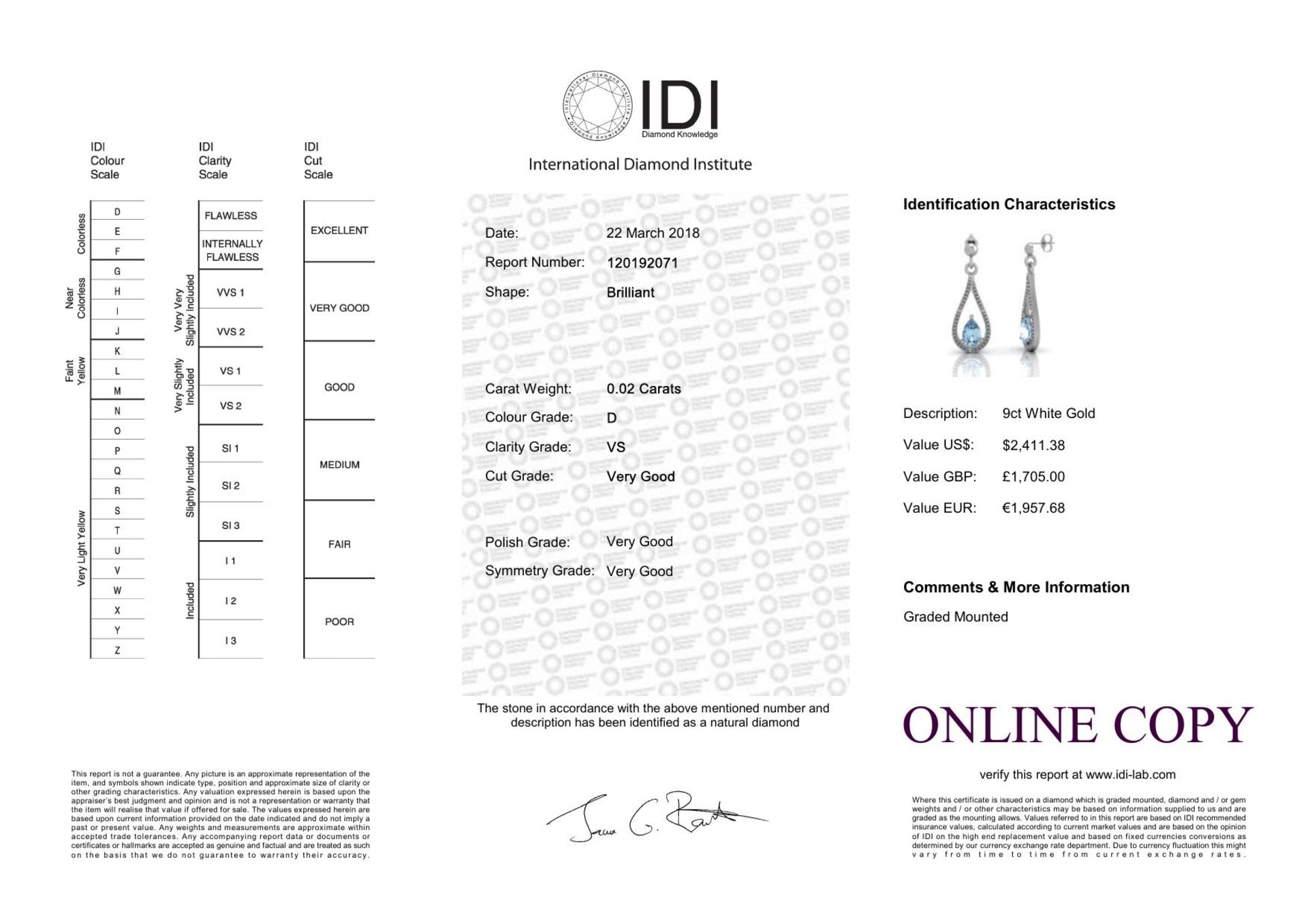 9ct White Gold Diamond And Blue Topaz Earring (BT 0.76) 0.02 Carats - Valued By IDI £1,705.00 - - Image 4 of 4