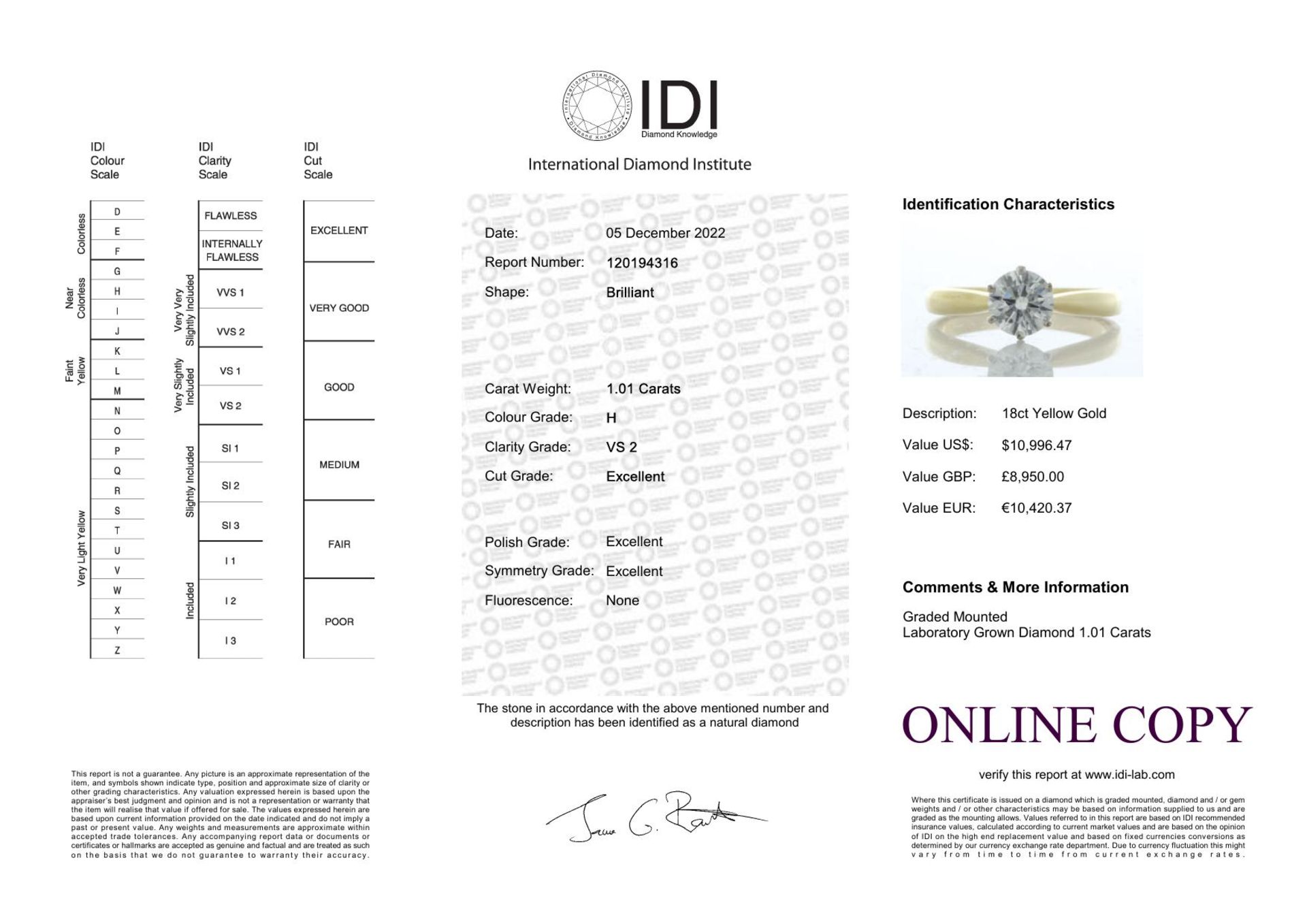 18ct Yellow Gold Single Stone LAB GROWN Diamond Ring 1.01 Carats - Valued By IDI £8,950.00 - A - Image 5 of 5